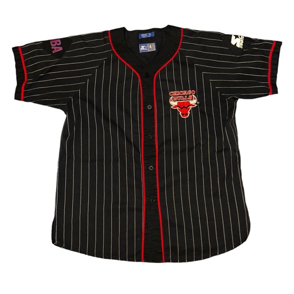 STARTER Shirts Vintage Starter Chicago Bulls Black Pinstriped